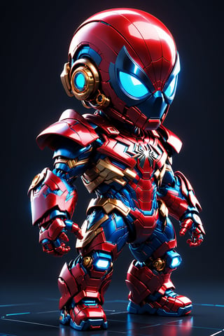 (masterpiece, best quality:1.5), EpicLogo, red and blue armor, robot, gold armor, red face, look on viewer, spiderman style, central view, cute, hues, Movie Still, cyberpunk, full body, cinematic scene, intricate mech details , ground level shot, 8K resolution, Cinema 4D, Behance HD, polished metal, shiny, data, white background