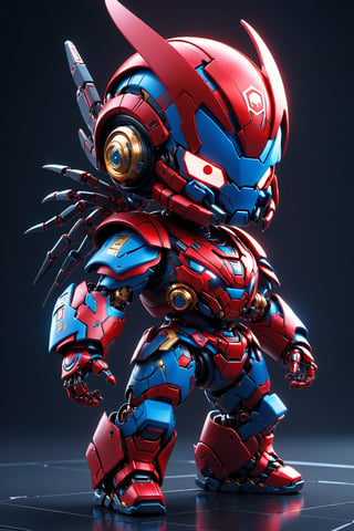 (masterpiece, best quality:1.5), EpicLogo, red and blue armor, robot, gold armor, red face, look on viewer, spider style, central view, cute, hues, Movie Still, cyberpunk, full body, cinematic scene, intricate mech details , ground level shot, 8K resolution, Cinema 4D, Behance HD, polished metal, shiny, data, toystore background