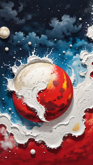 A detailed illustration muted chinese ink painting, muted colors, rice paper texture, splash paint, Canned Nestle Milk Powder, one red sun. Venus. Space. Clouds wet to wet techniques. cvibrant vector. using Cinema 4D