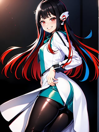 (extremely detailed CG), (best quality), 1girl, perfect face,shiny skin,
narrow waist, wide hips , (AzuArk:0.8) AzuArk, 
mesugaki,grin,

,(big_ass:1.2), ass focus, looking back,

humagear_headphones,
black nails,
white jacket,
skirt,
long sleeves,
green skirt,
pantyhose,

red hair,
red eyes, 
blunt bangs,
multicolored hair,
long hair,
bangs,
black hair,

