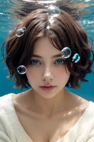 1girl, solo, looking at viewer, short hair, blue eyes, brown hair, black hair, collarbones, parted lips, water, lips, white sweater, sunlight, bubbles, underwater, ((small bubbles)), red balloons