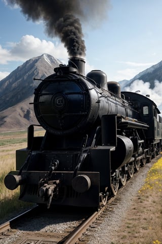 cinematic view, a turn of the century locomotive coming towards viewer, black smoke, mountains in the background on a beautiful sunny day, tall prairie grass on either side of the train tracks, Medium Angle, camera settings ISO 150, Shutter speed 3seconds, Aperture f/6, intricately detailed, dramatic, Masterpiece, HDR, beautifully shot, hyper-realistic, sharp focus, 64 megapixels, perfect composition, high contrast, cinematic, atmospheric, Ultra-High Resolution, amazing natural lighting, crystal clear picture, Perfect camera focus, photo-realistic