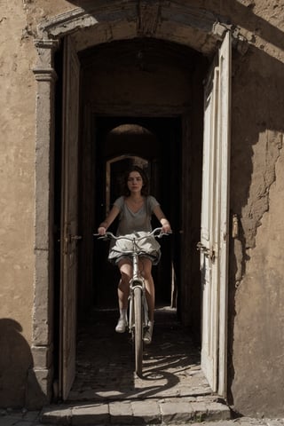 (masterpiece portrayal of movie characters in intimate action), A 15-year-old girl confidently riding vintage bicycle along a sun-dappled, cobblestone street in an old European town, proud gaze looking straight ahead, well-fitted leather backpack slung casually over her shoulder, old buildings, stone path, sundrenched, vintage bicycle, 15 years of age, peeling paint walls, old wooden door frames, cobblestone detail, sepia tone, elegant play of light and shadow, Rome.