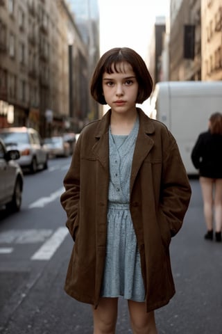 A stunning, hyper-realistic depiction of 11-year-old Matilda, played by Natalie Portman, standing confidently in a full-body shot against the vibrant backdrop of New York City. Her porcelain doll-like face glows with an ethereal light, as if bathed in HDR radiance. Matilda's slender figure and toned physique are showcased in exquisite detail, capturing the essence of her youthful energy and beauty.