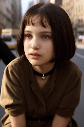 8K, Masterpiece, Beautiful face, A stunning portrait of young Matilda, played by Natalie Portman at 11 years old. The hyperrealistic rendering captures every detail of her beautiful face and lithe physique in exquisite HDR. Framed against a vibrant New York City background, Matilda's radiant expression shines like a beacon. Her long legs and toned arms are showcased in full-body view, evoking a sense of youthful vitality.