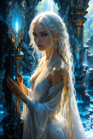 In a warm, golden-lit setting, a stunning elven girl with a beautiful crystal blue gaze, poses amdist ruined marble columns, wearing a flowing sheer white lace robe. Her long, straight white hair cascades down her back like a waterfall of silvery moonlight. The intricate textile she wears is decorated with vibrant geometric patterns that seem to dance across her body. Arm ornamentation and decorative gold and silver embroidery add an extra layer of elegance. She exudes a sense of sadness, as if lamenting the falll of her kind. Her eyes, like two shimmering emeralds, sparkle with sadness and melancholia, giving us a glimpse into her lonely personality. The scene is set against a full moonlit midnigt backdrop reminiscent of the natural world she inhabits.