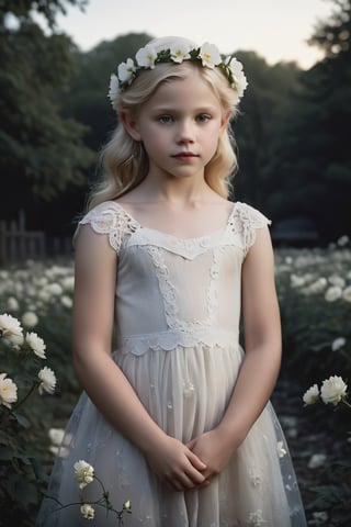 Award-winning cinematic masterpiece captures the innocence of a 9-year-old blonde-haired beauty in an abandoned park at dusk. The subject's very pale skin and slender figure are showcased against a dark background, emphasizing her fragile youth. She wears a delicate flower crown, a flowing white sheer lace dress, in her hands a bouquet of white flowers, perfectly framing her very slim face shape. Insane detail and ultra-realistic photorealism bring this high-definition (1.2) image to life, making it indistinguishable from a real photograph.