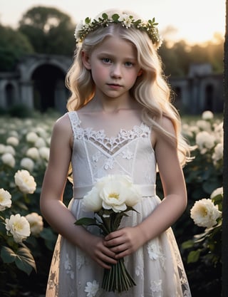 Award-winning cinematic masterpiece captures the innocence of a 9-year-old blonde-haired beauty in an abandoned park at dusk. The subject's very pale skin and slender figure are showcased against a dark background, emphasizing her fragile youth. She wears a delicate flower crown, a flowing white sheer lace dress, in her hands a bouquet of white flowers, perfectly framing her very slim face shape. Insane detail and ultra-realistic photorealism bring this high-definition (1.2) image to life, making it indistinguishable from a real photograph.