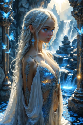 In a warm, golden-lit setting, a stunning elven girl with a beautiful crystal blue gaze, poses amdist ruined marble columns, wearing a flowing sheer white lace robe. Her long, straight white hair cascades down her back like a waterfall of silvery moonlight. The intricate textile she wears is decorated with vibrant geometric patterns that seem to dance across her body. Arm ornamentation and decorative gold and silver embroidery add an extra layer of elegance. She exudes a sense of sadness, as if lamenting the falll of her kind. Her eyes, like two shimmering sapphires, sparkle with sadness and melancholia, giving us a glimpse into her lonely personality. The scene is set against a full moonlit midnigt backdrop reminiscent of the natural world she inhabits.