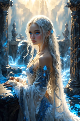 In a warm, golden-lit setting, a stunning elven girl with a beautiful crystal blue gaze, poses amdist ruined marble columns, wearing a flowing sheer white lace robe. Her long, straight white hair cascades down her back like a waterfall of silvery moonlight. The intricate textile she wears is decorated with vibrant geometric patterns that seem to dance across her body. Arm ornamentation and decorative gold and silver embroidery add an extra layer of elegance. She exudes a sense of sadness, as if lamenting the falll of her kind. Her eyes, like two shimmering sapphires, sparkle with sadness and melancholia, giving us a glimpse into her lonely personality. The scene is set against a full moonlit midnigt backdrop reminiscent of the natural world she inhabits.