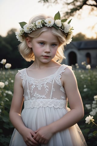 Award-winning cinematic masterpiece captures the innocence of a 9-year-old blonde-haired beauty in an abandoned park at dusk. The subject's very pale skin and slender figure are showcased against a dark background, emphasizing her fragile youth. She wears a delicate flower crown, a flowing white sheer lace dress, in her hands a bouquet of white flowers, perfectly framing her very slim face shape. Insane detail and ultra-realistic photorealism bring this high-definition (1.2) image to life, making it indistinguishable from a real photograph.