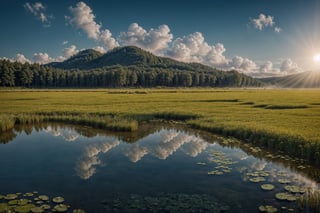 (extremely detailed CG unity 8k wallpaper),(((masterpiece))), (((best quality))), ((ultra-detailed)), (best illustration),(best shadow), ((an extremely delicate and beautiful)),dynamic angle, close-up of a small house by the lake, beautiful sunny summer day, water lilies in the lake blooming, lush plants, sunlight shining through the white clouds, bold colors, fairy tale, fantasy,wind,classic, (detailed light),feather, nature, (sunlight),beautiful and delicate water,(painting),(sketch),(bloom),(shine), high resolution, high contrast ratio, high detail, high texture, texture surreal high quality figure, ultra high quality, golden ratio