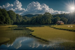 (extremely detailed CG unity 8k wallpaper),(((masterpiece))), (((best quality))), ((ultra-detailed)), (best illustration),(best shadow), ((an extremely delicate and beautiful)),dynamic angle, close-up of a small house by the lake, beautiful sunny summer day, water lilies in the lake blooming, lush plants, sunlight shining through the white clouds, bold colors, fairy tale, fantasy,wind,classic, (detailed light),feather, nature, (sunlight),beautiful and delicate water,(painting),(sketch),(bloom),(shine), high resolution, high contrast ratio, high detail, high texture, texture surreal high quality figure, ultra high quality, golden ratio