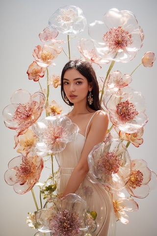 an attractive woman surrounded by flowers made of glass, wearing a elegnat dress made of transparent glass flowers, transparent flower, glass flower, filled with flowers, full of flowers, flower bed (close up shot 1:1) alluring pose, glass statue, attractive pose, epic pose, shot from below, perspective view, dynamic angle, dynamic pose, fashion editorial photography, master piece, hyper realistic, real skin, natural light, wall made of glass flowers, wall filled with flowers made of glass, dreamy, surreal, enchanting