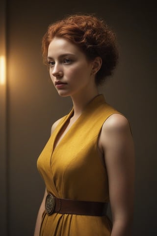 (((iconic futuristic-sci-fi but extremely beautiful)))
(((looking at viewer,worn and scratched dark copper crown pea_yellow  dress futuristic)))
(((Gorgeous and Voluptuous and yet  so cute)))
(((indirect abroad lights, blurred shadows on the wall)))
(((buzzcut hair, freckles)))
(((view angle,closse-up zoom)))
(((Simple blurred solid colors background)))
(((intricate details,masterpiece,best quality,hyperrealistic, photorealistic)))
(((By Annie Leibovitz style, by Rembrandt style)))