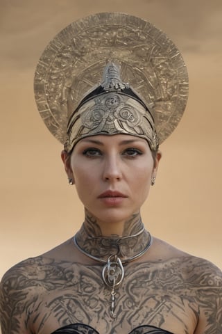 (((iconic Woman mature 40-year-old Norwegian futuristic-sci-fi but extremely beautiful)))
(((tribal futuristic post-apocalyptic Nun's Cap priestess)))
(((tattooed face letters tribal)))
(((dressed covered in worn tunic full of dust many details and symbols)))
(((yellow,gold_trim , silver dark)))
(((desert dark blurred background,light illuminating face)))
(((hasselblad 70mm camera films)))
(((Surrealist art,  Dreamlike,  mysterious,  provocative,  symbolic,  intricate,photorealistic, masterpiece futuristic-sci-fi)))
(((open spaces, love,epic, Desire,love)))
(((intricate details, masterpiece, best quality,photographed from  master, hyperrealistic,realistic lighting, ultra realistic,extreme detailed)))
(((dynamic pose,looking at viewer, profile view,full body shot, view angle))) 
((( byDiane Arbus)))
