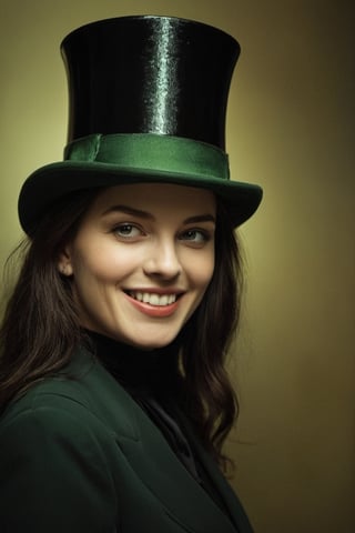 (((iconic lady with green The top hat but extremely beautiful)))
(((Gorgeous and Voluptuous and yet so cool)))
(((evil smile showing teeth and very penetrating eyes)))
(((indirect abroad lights blurred shadows on the face and body)))
(((Chiaroscuro light Prism colors background)))
(((masterpiece,best quality,
hyperrealistic, photorealistic)))
(((By caravaggio style,by Annie Leibovitz style)))