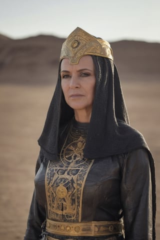 (((iconic Woman mature 40-year-old Norwegian futuristic-sci-fi but extremely beautiful)))
(((tribal futuristic post-apocalyptic Nun's Cap priestess)))
(((tattooed face letters tribal)))
(((dressed covered in worn tunic full of dust many details and symbols)))
(((yellow,gold_trim , silver dark)))
(((desert dark blurred background,light illuminating face)))
(((hasselblad 70mm camera films)))
(((Surrealist art,  Dreamlike,  mysterious,  provocative,  symbolic,  intricate,photorealistic, masterpiece futuristic-sci-fi)))
(((open spaces, love,epic, Desire,love)))
(((intricate details, masterpiece, best quality,photographed from  master, hyperrealistic,realistic lighting, ultra realistic,extreme detailed)))
(((dynamic pose,looking at viewer, profile view,full body shot, view angle))) 
((( byDiane Arbus)))
