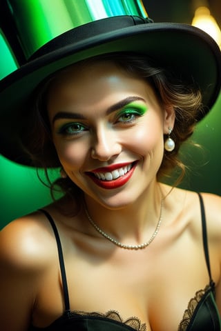 (((iconic lady with green The top hat but extremely beautiful)))
(((Gorgeous and Voluptuous and yet so cool)))
(((evil smile showing teeth and very penetrating eyes)))
(((indirect abroad lights blurred shadows on the face and body)))
(((Chiaroscuro light Prism colors background)))
(((masterpiece,best quality,
hyperrealistic, photorealistic)))
(((By caravaggio style,by Annie Leibovitz style)))