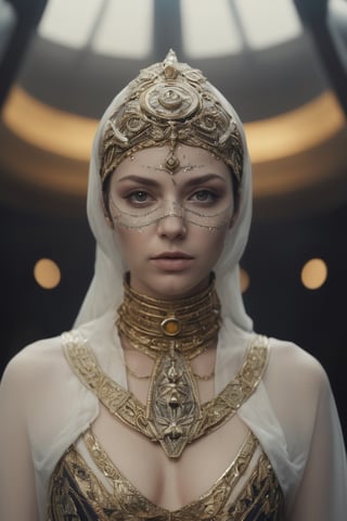 (((iconic,futuristic-sci-fi but extremely beautiful)))
(((tribal futuristic post-apocalyptic Nun's Cap priestess face all tatoos letters tribal)))
(((dressed covered in worn tunic full of dust many details and symbols)))
(((yellow,gold_trim , silver dark)))
(((Temple dark blurred background,light illuminating face)))
(((hasselblad 70mm camera films)))
(((Surrealist art,  Dreamlike,  mysterious,  provocative,  symbolic,  intricate,photorealistic, masterpiece futuristic-sci-fi)))
(((open spaces, love,epic, Desire,love)))
(((intricate details, masterpiece, best quality,photographed from  master, hyperrealistic,realistic lighting, ultra realistic,extreme detailed)))
(((dynamic pose,looking at viewer, profile view,full body shot, view angle))) 
((( byDiane Arbus)))
