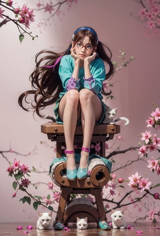 masterpiece, photo quality, 4k, full shot:1.2, fine strokes, ultra detailed, mari makinami, pensive, sitting, ((fuchsia background:1.5)), colorful:1.2, cats, thighs, wide hips, medium breasts, hairband, ((glasses:1.2)), red frames, teal eyes, detailed eyes, brown hair , detailed hair, light skin, short skirt, shoes, intrinsic details, makinami_mari_illustrious:1.2