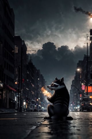 raccoon,a black raccoon on the city, raccoon Breathing fire,Look from a distance,sketch, military_vehicle