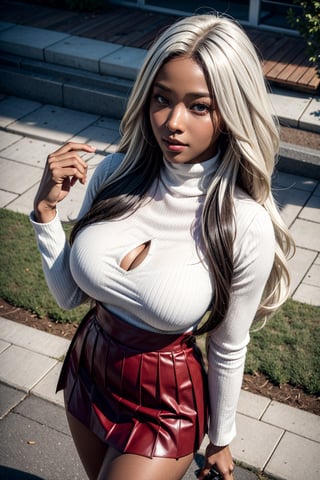 Upper body,raw photo,hyper realism,8k,(by Loish),  in_profile, beautiful girl,((dark skin:1.3)), ((long white hair)), beautiful large eyes, glossy dark lips,long legs,slander body,hotbody,sexy body, park background,wearing white sweater turtle neck,red short pleats skirt,((from above:1.3))highheels,more detail XL,((cleavage))