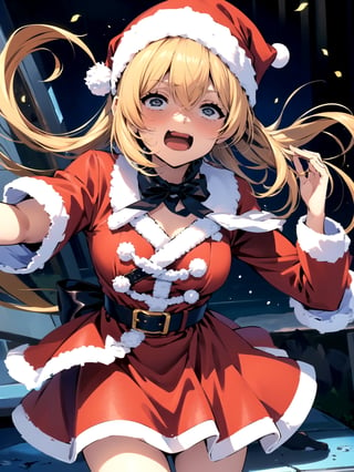 //Quality,
(masterpiece), (best quality), 8k illustration,
//Character,
1girl, solo, smile, 
//Fashion,
santa_costume,
//Background,
indoors, christmas, 
//Others,
aquascreaming,cowboy_shot,Dynamic_pose,Dynamic_angle,