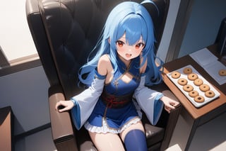 {{{loli}}},four fingers and a thumb,,nice hands, perfect hands, best quality, highly detailed, masterpiece, ultra-detailed, illustration, best quality, highly detailed, masterpiece, ultra-detailed, illustration, long hair, blue hair, red eyes, {{masterpiece}}, small breasts, ahoge, 1girl, {{{blue chinese clothes}}}, {{{{{{{{blue tabard}}}}}}}}, detached sleeves, {{wide sleeves}}, long sleeves, {{frilled sleeves}}, blue skirt, {{frilled skirt}}, {{miniskirt}}, {{obi}}, blue stockings, open toe sandals, Indoors, office, girl sitting on sofa chair eating cookies,Happy, Chewing Cookies