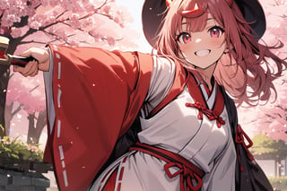  best quality,highly detailed,masterpiece,ultra-detailed,illustration,1girl,solo,{{{{two red little horns in head}}}},oni horns,hime_cut,pink eyes,pink hair,1girl,Japanese witch costume,miko,red japanese miko clothes,Girl stands under the cherry blossom tree, smiling, {{{holding a naginata in both hands}}}