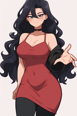 Anime pretty cute girl, beautiful gorgeous 165 cm tall and is a physically fit slender woman, long national plain black color curly straight wavy and silky hair, that reaches the bottom of a upper body, black hair is longer and darker, beautiful pretty black eyes, makeup, expressive eyes, perfect face, fair olive skinned, collarbone, hair ornament, android, solid ruched cami bodycon split hem red tube dress, short crop black jacket, hero pose standing, midriff, high knee leggings attached boots, black choker, light red eyeshadow, a colossal bust, big medium breasts, full body, from front, cowboy shot, blush, happy expressions, smiling, reaching out a hand pose, standing up straight, looking in viewer, with a simple outdoors wallpaper

1girl, upper body view, more prism, vibrant color, exotic woman, beautiful, voluptuous figure, long flowing hair, curly hair, masterpiece, best quality, midnight_boku_no_hero_academia, Android_18