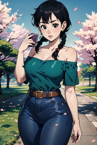 1girl, solo, looking at viewer, bangs, black eyes, shirt, ribbon, holding, bare shoulders, jewelry, standing, collarbone, hair ribbon, braid, cowboy shot, earrings, outdoors, black hair, day, belt, pants, off shoulder, tree, petals, phone, , denim, blue ribbon, cherry blossoms, jeans, green shirt, off-shoulder shirt, blue pants, road,detailed,Tight thighs,busty,