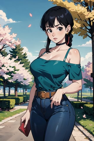 1girl, solo, looking at viewer, bangs, black eyes, shirt, ribbon, holding, bare shoulders, jewelry, standing, collarbone, hair ribbon, braid, cowboy shot, earrings, outdoors, black hair, day, belt, pants, off shoulder, tree, petals, phone, , denim, blue ribbon, cherry blossoms, jeans, green shirt, off-shoulder shirt, blue pants, road,detailed,Tight thighs,busty,