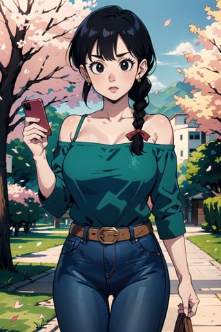 1girl, solo, looking at viewer, bangs, black eyes, shirt, ribbon, holding, bare shoulders, jewelry, standing, collarbone, hair ribbon, braid, cowboy shot, earrings, outdoors, black hair, day, belt, pants, off shoulder, tree, petals, phone, , denim, blue ribbon, cherry blossoms, jeans, green shirt, off-shoulder shirt, blue pants, road,detailed,Tight thighs,busty,