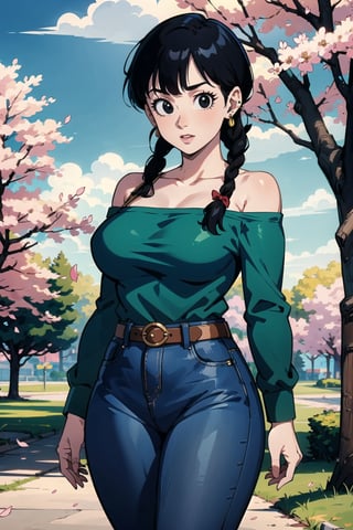 1girl, solo, looking at viewer, bangs, black eyes, shirt, ribbon, holding, bare shoulders, jewelry, standing, collarbone, hair ribbon, braid, cowboy shot, earrings, outdoors, black hair, day, belt, pants, off shoulder, tree, petals, phone, , denim, blue ribbon, cherry blossoms, jeans, green shirt, off-shoulder shirt, blue pants, road,detailed,Tight thighs,busty,