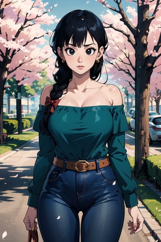 1girl, solo, looking at viewer, bangs, black eyes, shirt, ribbon, holding, bare shoulders, jewelry, standing, collarbone, hair ribbon, braid, cowboy shot, earrings, outdoors, black hair, day, belt, pants, off shoulder, tree, petals, phone, , denim, blue ribbon, cherry blossoms, jeans, green shirt, off-shoulder shirt, blue pants, road,detailed,Tight thighs,busty,