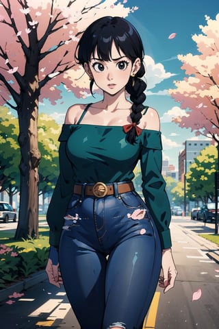 1girl, solo, looking at viewer, bangs, black eyes, shirt, ribbon, holding, bare shoulders, jewelry, standing, collarbone, hair ribbon, braid, cowboy shot, earrings, outdoors, black hair, day, belt, pants, off shoulder, tree, petals, phone, , denim, blue ribbon, cherry blossoms, jeans, green shirt, off-shoulder shirt, blue pants, road,detailed,Tight thighs,busty,