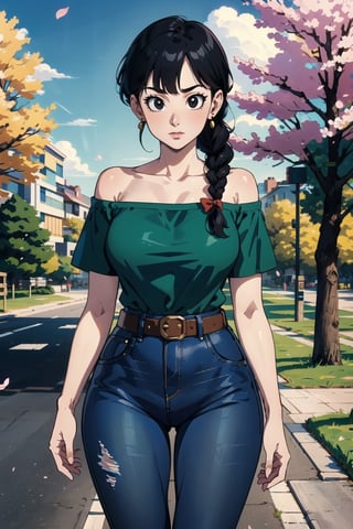 1girl, solo, looking at viewer, bangs, black eyes, shirt, ribbon, holding, bare shoulders, jewelry, standing, collarbone, hair ribbon, braid, cowboy shot, earrings, outdoors, black hair, day, belt, pants, off shoulder, tree, petals, phone, , denim, blue ribbon, cherry blossoms, jeans, green shirt, off-shoulder shirt, blue pants, road,detailed,Tight thighs,busty,