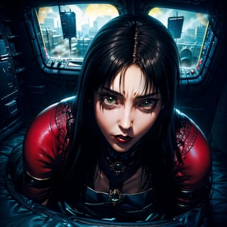 ((mature)) gothic lying ((in a ruby goth cockpit)), (lying on a baroque pilot cockpit), ((gothic control panels everywhere)), (headgear), ((mature)), ruby cockpit, ((vampiric cockpit)), iridescent pilot bodysuit, lace accesories, ((serious tone)), elegant, futuristic, vampiric, full body view from above, action pose, (fisheye), [close up], dark place, dramatic lighting, intricate control panel details, steaming, 1990s (style)