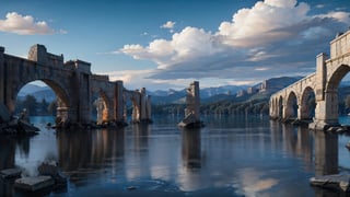 Real lighting, (realistic:0.7), (3D:0.7), (solo:1.3),(Extremely complex elaborate stone arches:1.3), (Lake background:1.3), Cloud cover, best shades