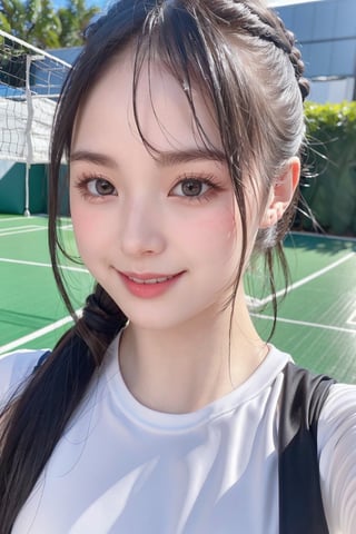 (masterpiece), best quality, highly detailed, face and skin, realistic photo, white tone color image, (expressive eyes, perfect face, detailed lips, beautiful face, smile, cute), 1girl, black hair, ponytail, big breast, volleyball clothes, volleyball court,littlesshine