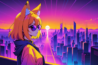 anime opening, 1girl, fox ears, ray bans, synthwave style, digital art, Infra-red, shimmer heat, lineart, skyline in the distance on horizon, orange, pink, blue, purple, indigo, yellow, flat color, low poly vector, wallpaper, highres
