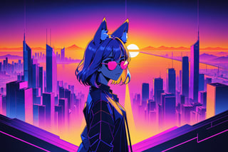 anime opening, 1girl, fox ears, ray bans, synthwave style, digital art, Infra-red, shimmer heat, lineart, skyline in the distance on horizon, orange, pink, blue, purple, indigo, yellow, flat color, low poly vector, wallpaper, highres
