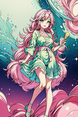 (1cute girl),  wearing eyeglasess,  holding ice cream,  long aqua curly hair,  green eyes,  wearing a beautiful pink lace dress. White skin,  splat art background,  eye_detail,  background_detail,  face_detail,  hair_detail,  more_detail,  add_detail,  adddetailed,  cute_face,  white_skin,  midjourney_style,  midjourney_art,  full_body,  colorful_detail,  watercolor_(artwork),  light_particles, 1girl,1girl