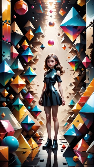 (3D illustration),  best quality, masterpiece, surreal, dreamlike, highly detailed, 1girl, full body, attractive, centered, stands amidst geometric shapes, (multicolor shapes: cubes, prisms, cylinders, cones, spheres, pyramids), each shape reflecting and refracting the light in unique ways, creating an infinite regress, floating serenely in the air, mirror, aw0k style,aw0k geometry,detailmaster2, 3D Render Style,3DRenderAF