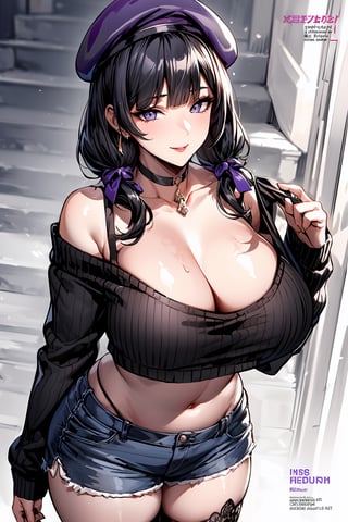 (masterpiece, best quality), intricate complex details, very detailed, high quality, highly detailed, (((1girl, solo))), make up, ((beautiful eyes, perfect face)), looking at viewer, ((huge breasts, wide hips, mature female, skindentation, curvy)), ((blunt bangs, black hair, twintails)), ((sharp eyelashes, beautiful purple eyes)), ((earrings, hair ornaments, choker, beret cap)), (((black sweater, off shoulder, cleavage, crop top, shorts, thigh highs, bra straps))), ((erotic pose, standing, from above)), (((magazine cover))), smile, 