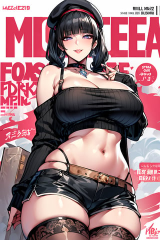 (masterpiece, best quality), intricate complex details, very detailed, high quality, highly detailed, (((1girl, solo))), make up, ((beautiful eyes, perfect face)), looking at viewer, ((huge breasts, wide hips, mature female, skindentation, curvy)), ((blunt bangs, black hair, half twintails:1.3)), ((sharp eyelashes, beautiful purple eyes)), ((earrings, hair ornaments, choker, beret cap)), (((black sweater, off shoulder, cleavage, crop top, shorts, thigh highs, bra straps))), ((erotic pose, standing, from below, arms above head)), (((magazine cover))), smile, 