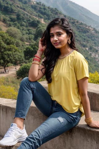 beautiful cute young attractive indian teenage girl, City girl, 25 years old, cute, Instagram model, long black_hair, colorful hair, warm, dacing, in hill station,(blue jeans),(yellow top),(sports shoes white), indian,Indian,Woman,Indian tradition,indian_bride