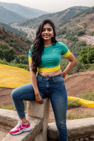 beautiful cute young attractive indian teenage girl, City girl, 25 years old, cute, Instagram model, long black_hair, colorful hair, warm, dacing, in hill station,(blue jeans),(yellow top),(sports shoes white), indian,Indian,Woman,Indian tradition,indian_bride