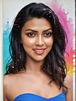 color pencil drawring of AmalaPaul, beautiful, stunning, spiral bound notebook, art by Caran D'Ache Luminance, color splash, water splash, gentle smile, fancy art